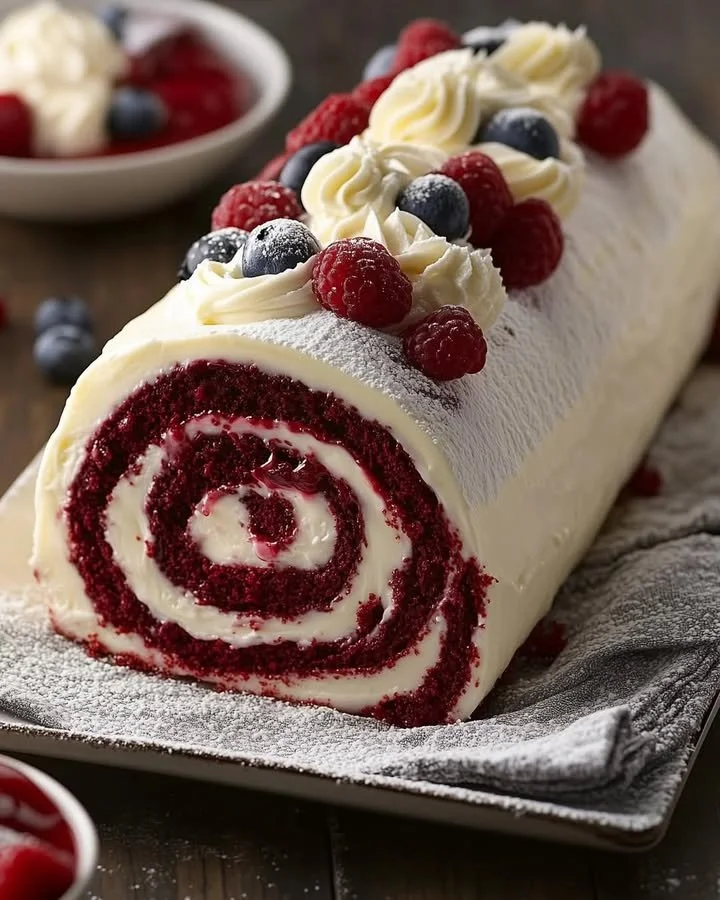 Red Velvet Cheesecake Roll dessert on a plate with cream cheese frosting