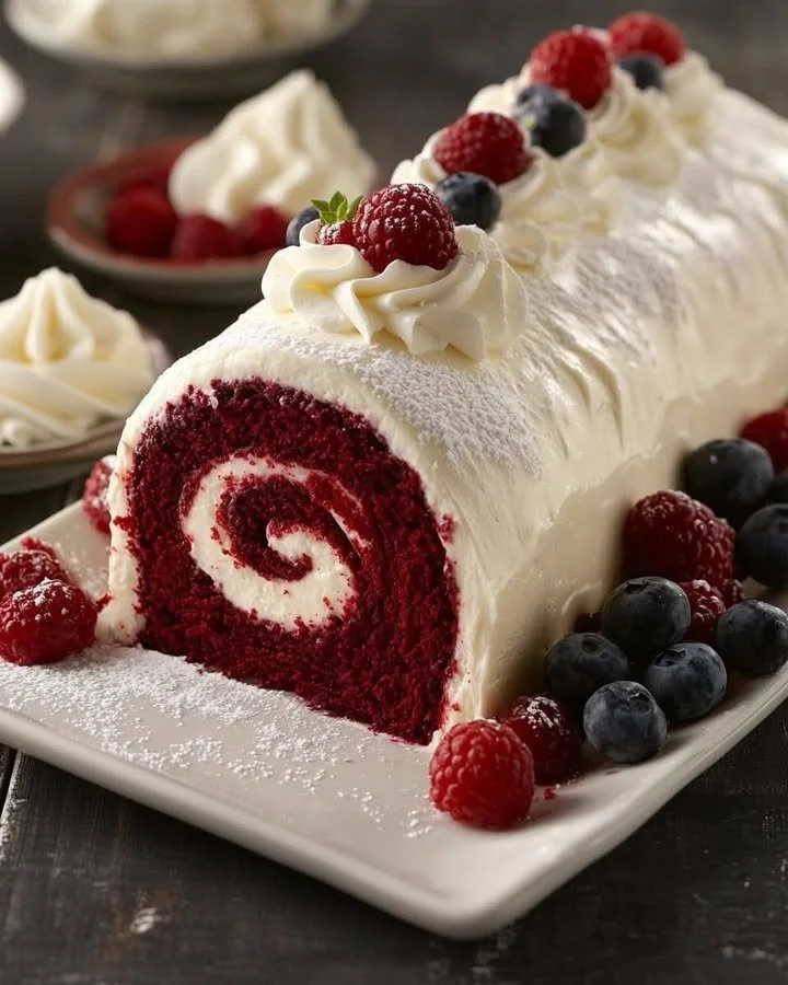 Slice of Red Velvet Cheesecake Roll on a white plate with cream cheese frosting