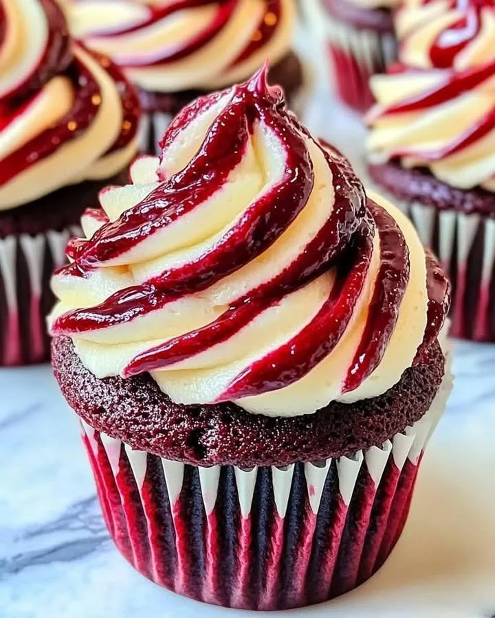 Delicious red velvet marble cupcakes with creamy frosting on a rustic wooden table