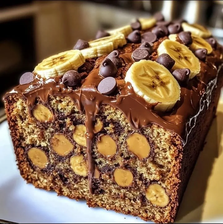 Loaf of Reese's Peanut Butter Banana Bread with chocolate drizzle