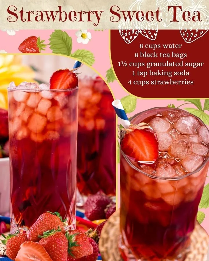 Glass of refreshing Southern style strawberry sweet tea with fresh strawberries