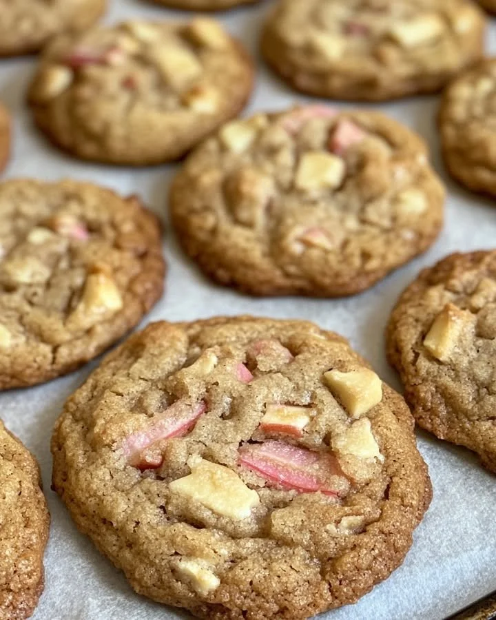 Freshly baked rhubarb cookies on a cooling rack