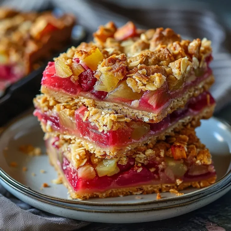 Delicious Rhubarb Dream Bars topped with a crumbly crust and creamy filling
