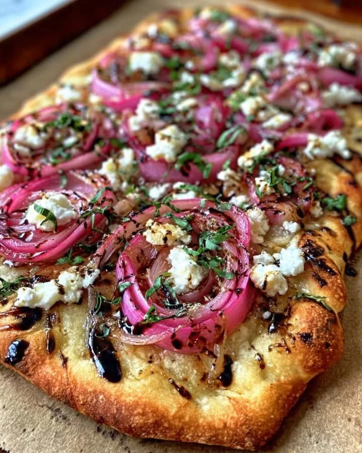 Rhubarb flatbread drizzled with balsamic and topped with fresh herbs.
