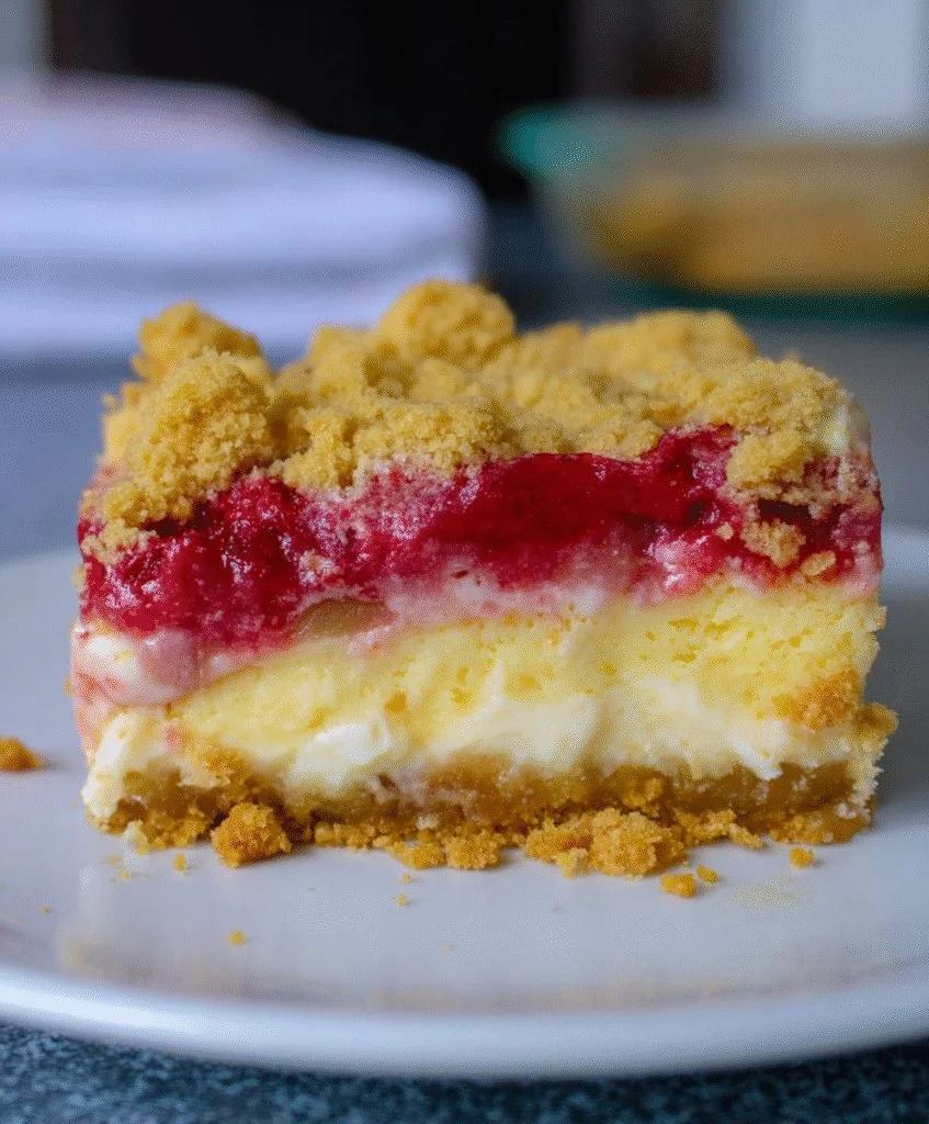 Deliciously baked rhubarb pudding bars topped with a crumbly crust.