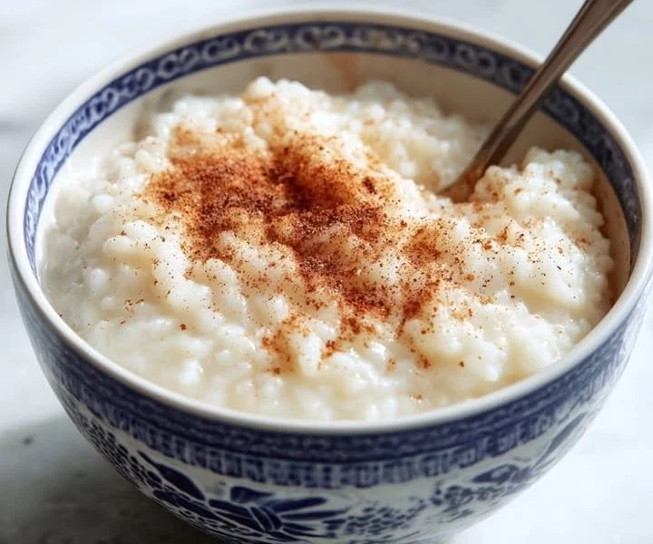 Delicious homemade rice pudding served in a bowl with a sprinkle of cinnamon
