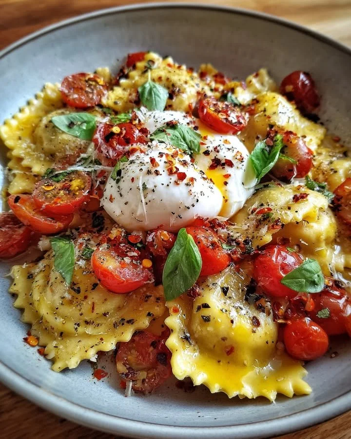 Ricotta ravioli with lemon zest, burst tomatoes, and burrata served on a plate.