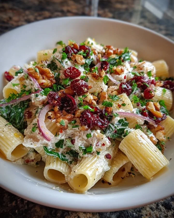 Ricotta Cranberry Rigatoni Salad drizzled with lemon vinaigrette in a bowl