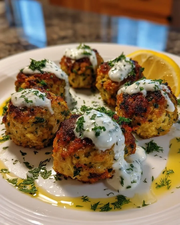 Ricotta and lemon chicken meatballs with herb yogurt sauce served on a plate