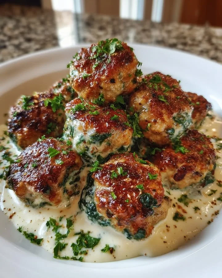 Plate of ricotta spinach meatballs with garlic parmesan cream sauce