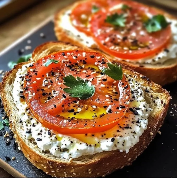 Delicious Ricotta Tomato Toast on sourdough topped with herbs and olive oil.
