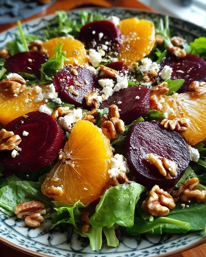 Roasted beet and orange salad with greens and a citrus dressing