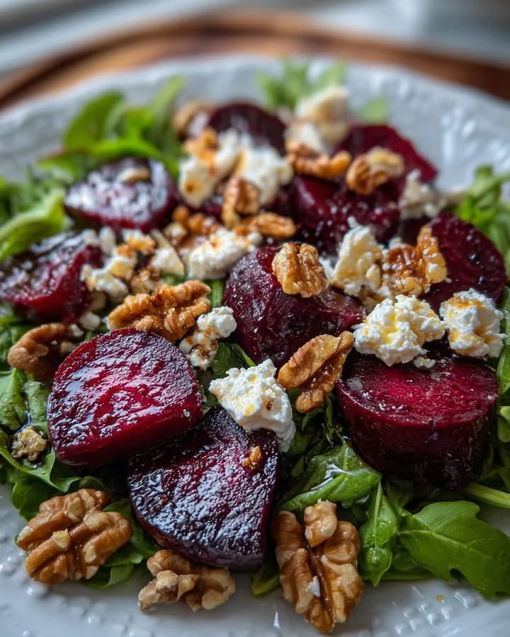 Roasted beet and goat cheese salad garnished with fresh greens
