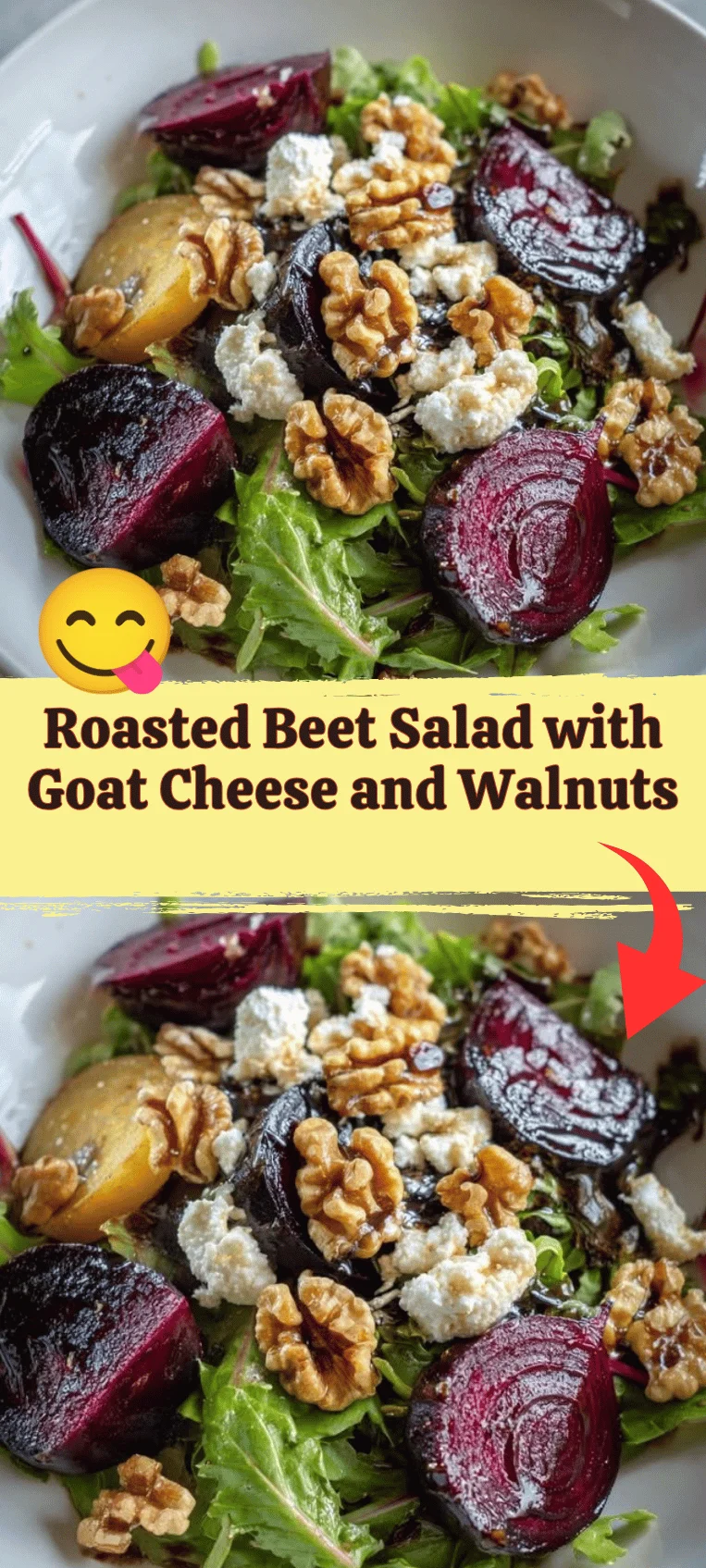 Roasted beet salad with goat cheese and walnuts served on a plate