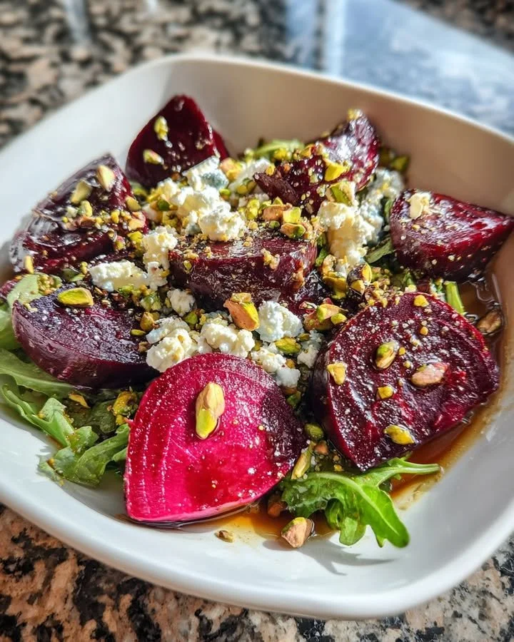 Roasted beet salad topped with goat cheese and pistachios on a white plate