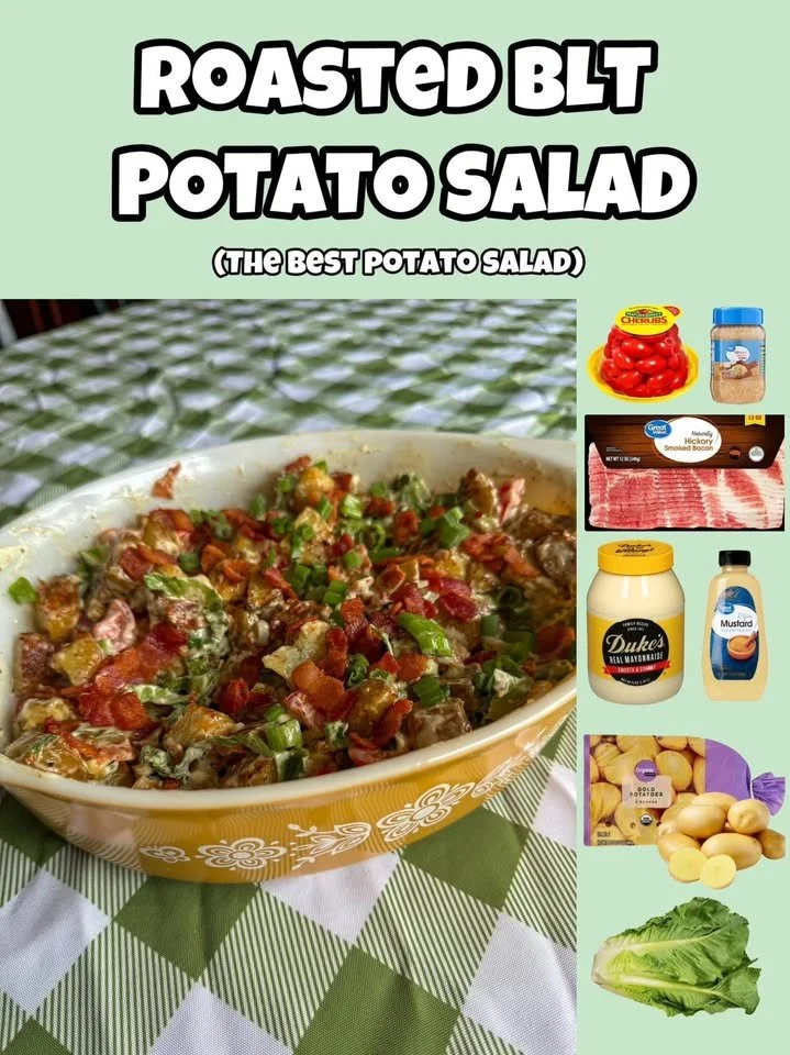 Roasted BLT Potato Salad with bacon, lettuce, and tomatoes on a white plate.