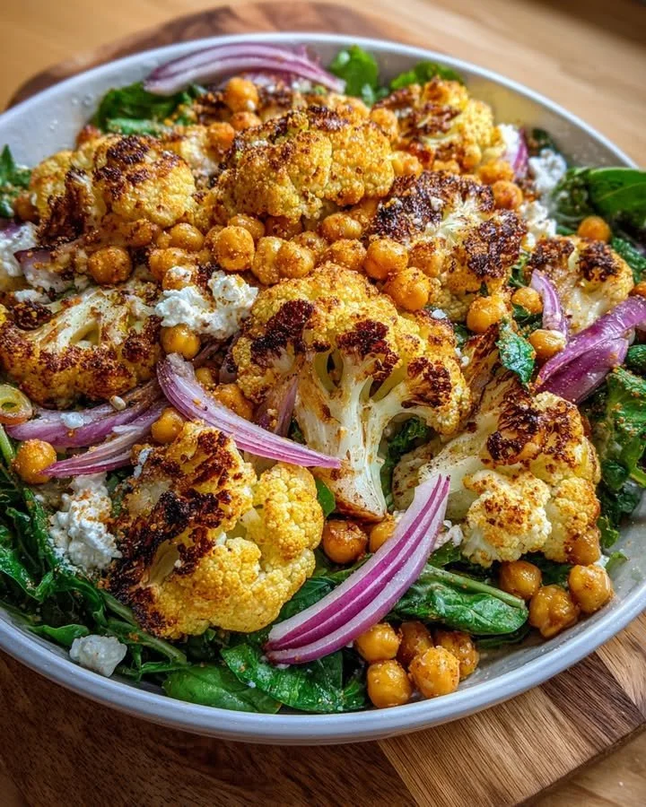 Roasted cauliflower and chickpea salad garnished with herbs and spices
