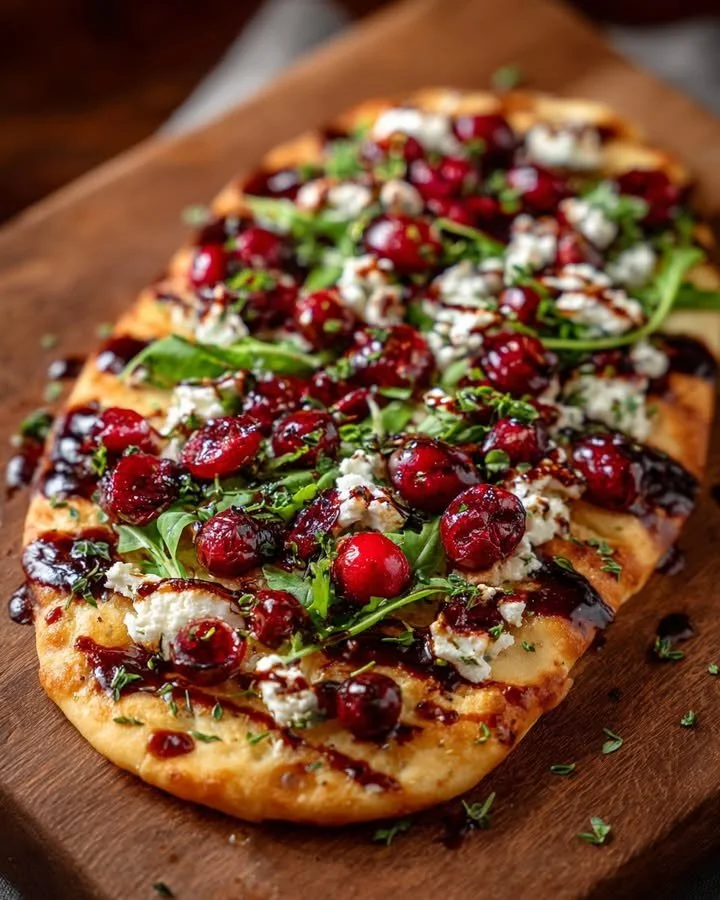 Roasted cranberry and goat cheese flatbread topped with fresh herbs