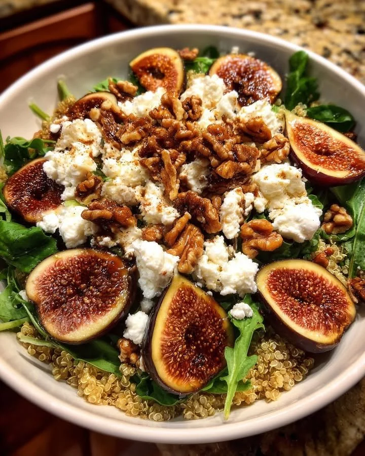 Roasted Fig and Goat Cheese Quinoa Salad with vibrant ingredients