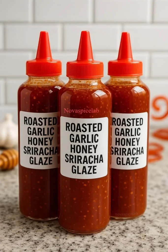 Roasted garlic honey sriracha glaze drizzling over grilled chicken