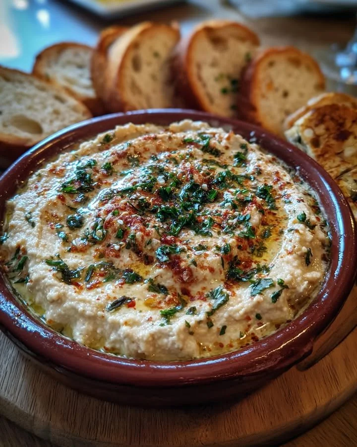 Creamy roasted garlic white bean dip served with fresh veggies and crackers.