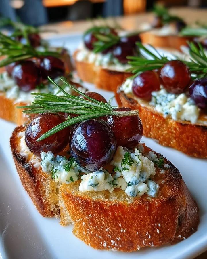 Roasted grape and blue cheese crostini with fresh rosemary appetizer