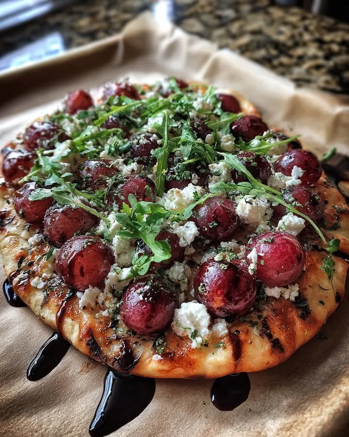 Roasted grape flatbread topped with goat cheese, thyme, and arugula.