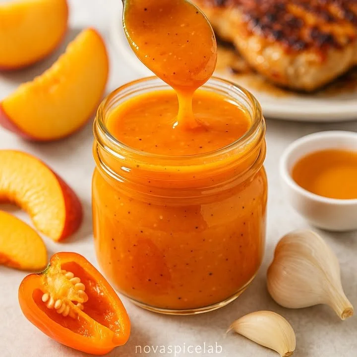 Roasted Habanero-Honey Peach Sauce in a jar with fresh peaches and habaneros