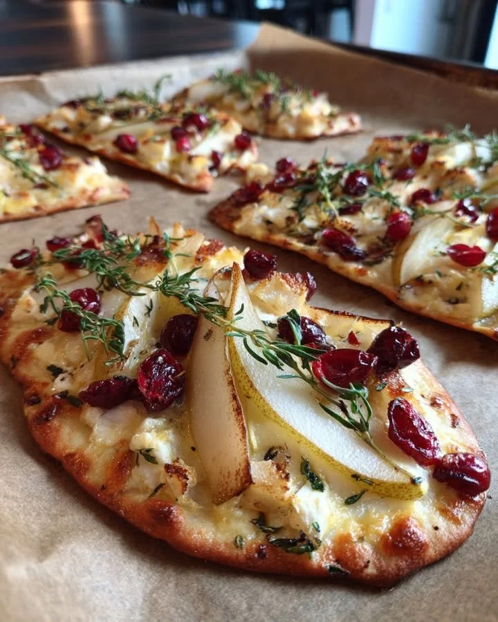 Roasted Pear, Cranberry, and Brie Flatbread with herbs and a golden crust