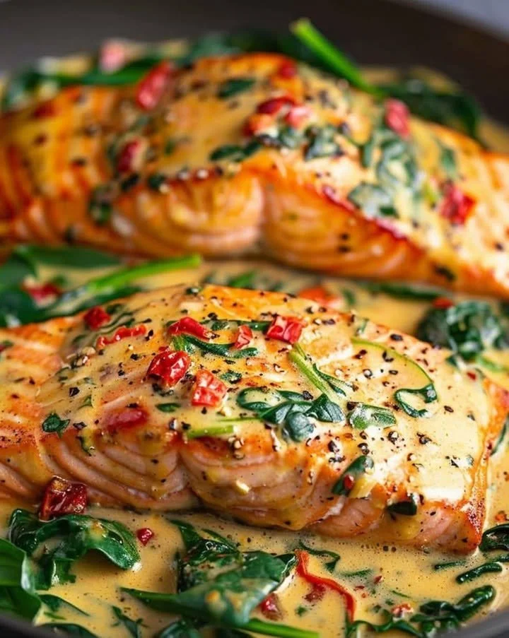 Roasted salmon served with creamy spinach and red pepper on a plate