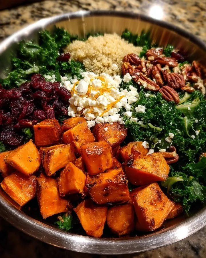 Roasted sweet potato and kale salad with colorful vegetables