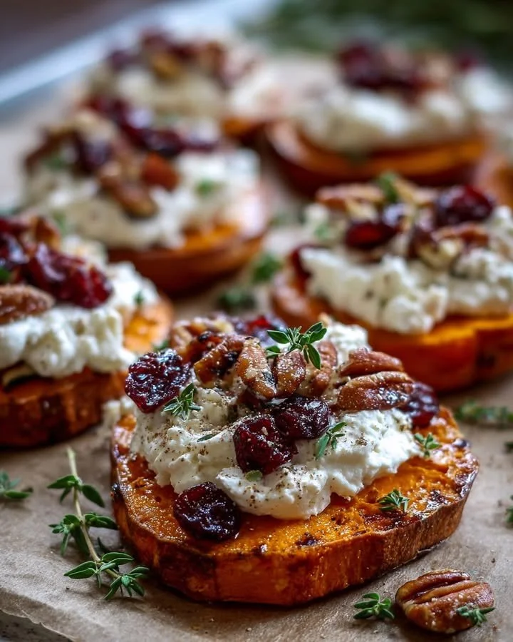Delicious roasted sweet potato rounds topped with goat cheese, cranberries, and pecans.