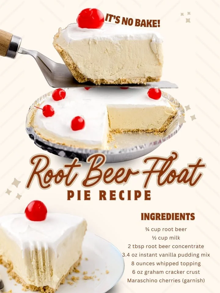 A delicious Root Beer Float Pie served with whipped cream and root beer syrup.