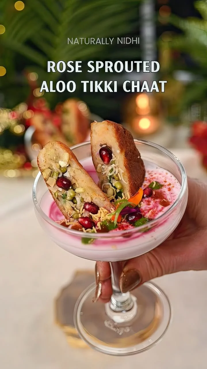 Delicious Rose Sprouted Potato Patties Chaat garnished with spices and toppings