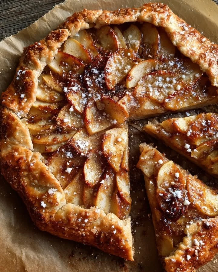 Rustic apple galette with brown sugar crust served on a wooden table