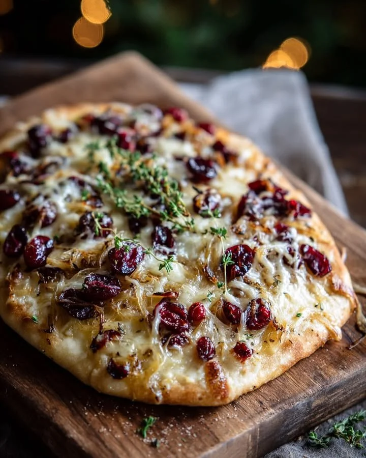 Rustic caramelized onion and cranberry flatbread topped with Gruyere cheese.