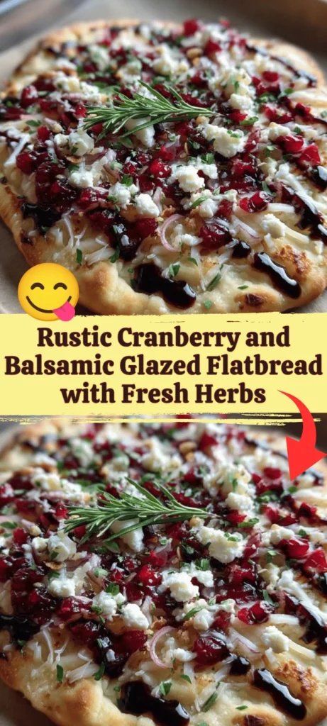 Rustic Cranberry Balsamic Flatbread topped with fresh herbs and glaze