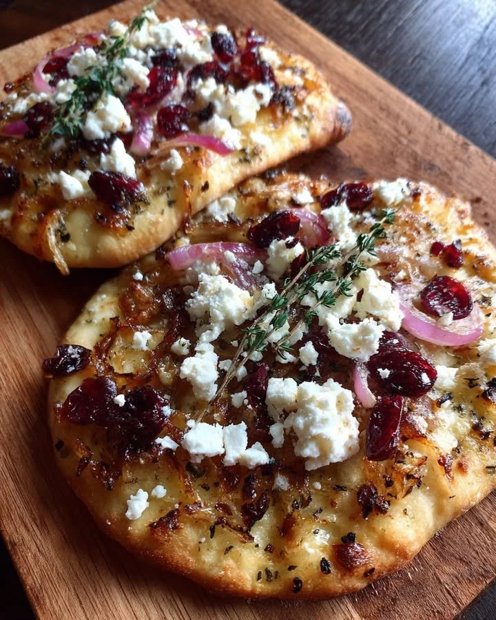 Rustic flatbread topped with cranberry, caramelized onion, and feta cheese