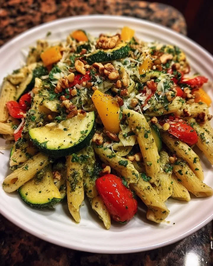 Sage Walnut Pesto Pasta topped with roasted veggies, a healthy pasta dish