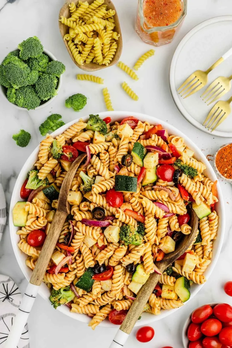 A vibrant bowl of Salad Supreme Pasta Salad with fresh vegetables and dressing.