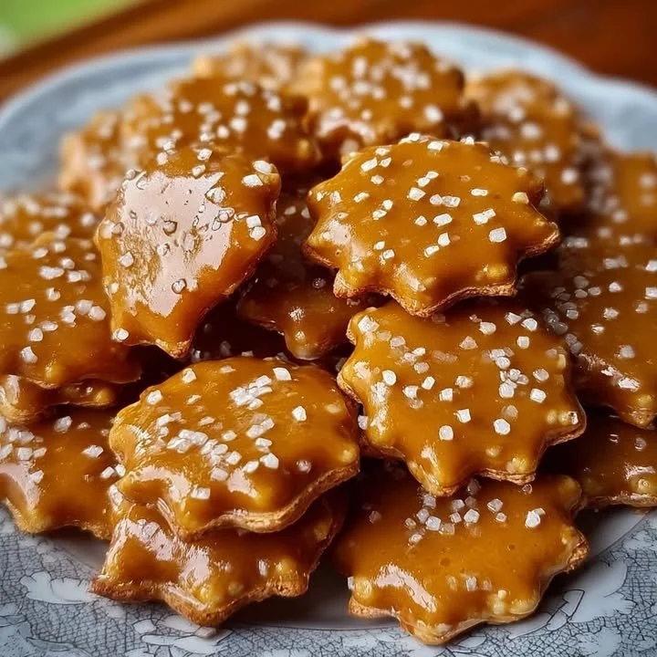 Salted caramel cracker bites served on a platter, perfect for sweet treats.