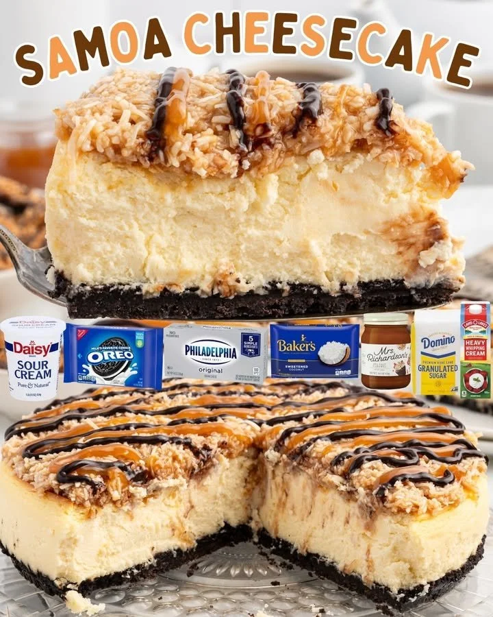 Delicious homemade Samoa Cheesecake with chocolate, caramel, and coconut toppings.