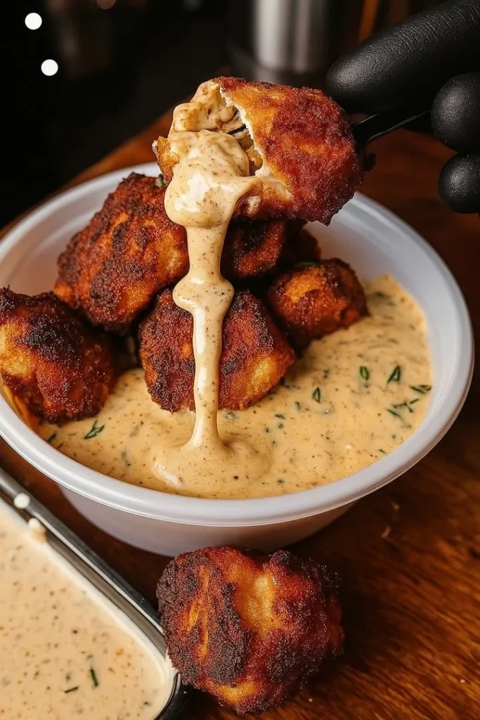 Crispy chicken bites served with a delicious secret dipping sauce
