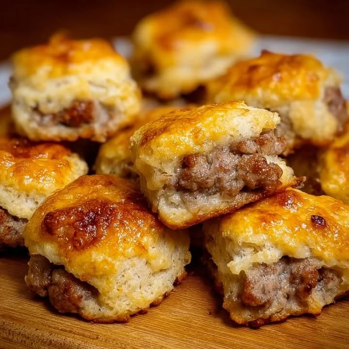 Sausage biscuit bites served on a plate, perfect for breakfast or a snack.