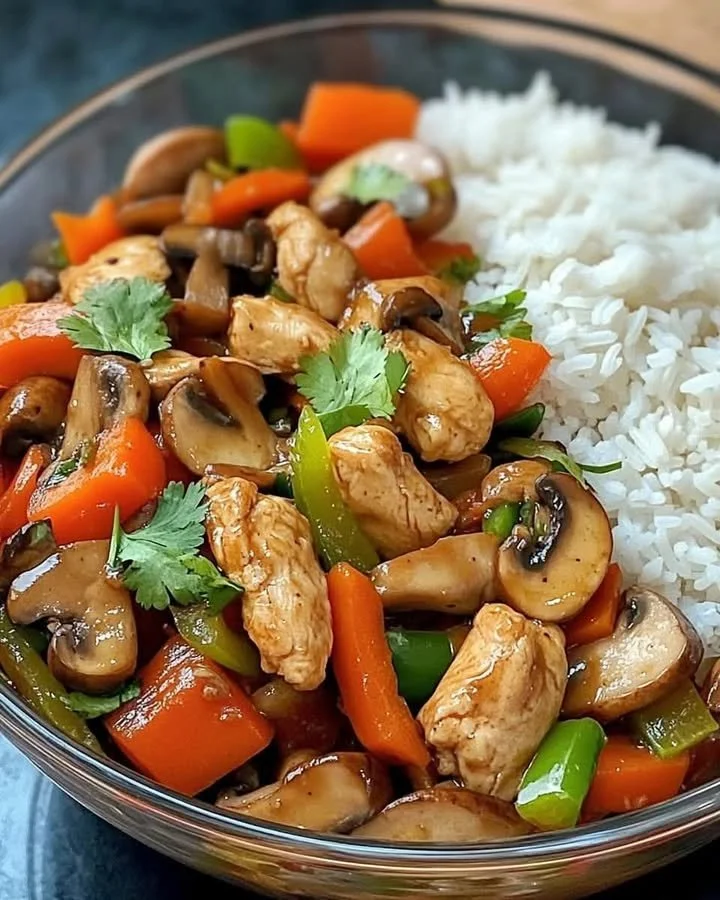 Savory chicken stir-fry with vegetables and rice served in a bowl