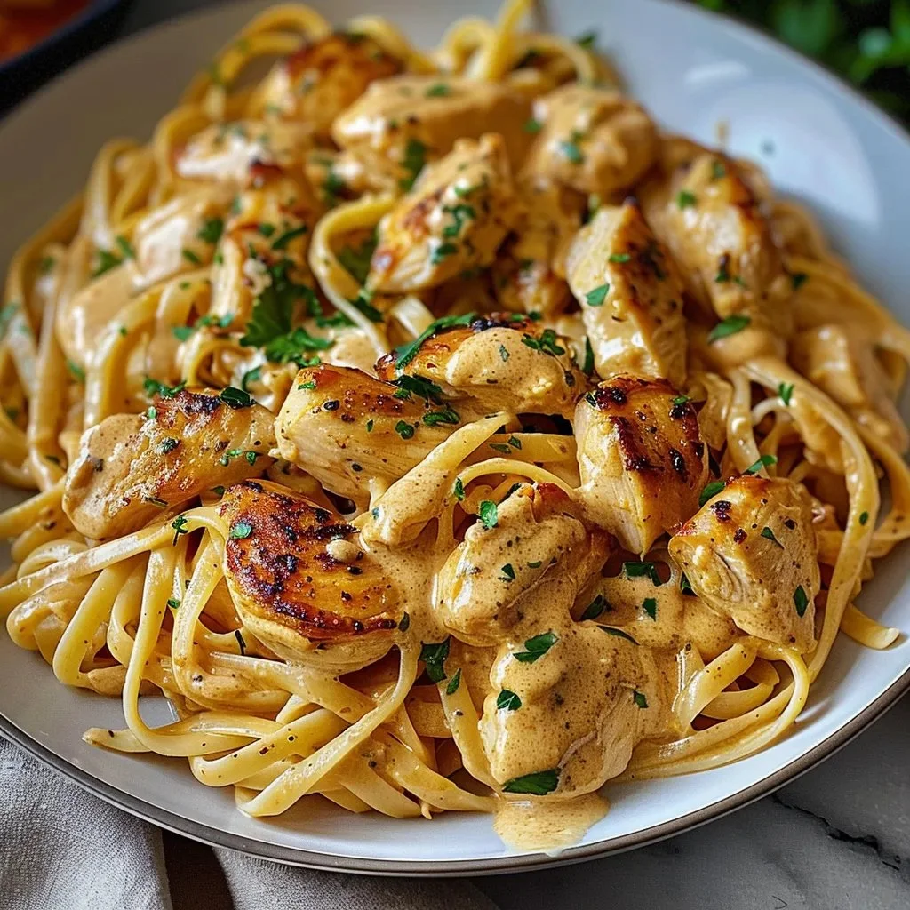 Creamy cowboy butter chicken linguine topped with herbs and spices.