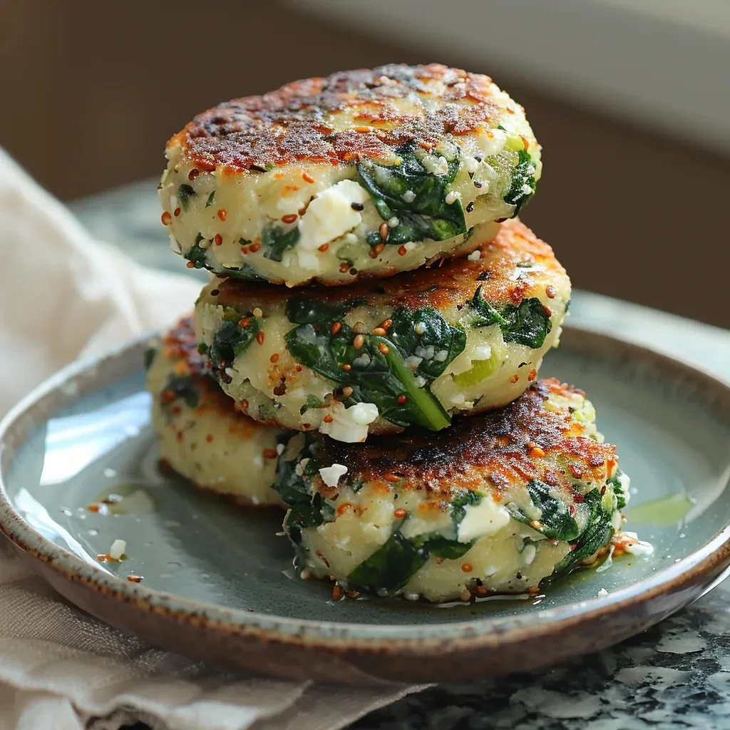 Savory spinach feta patties on a plate garnished with herbs