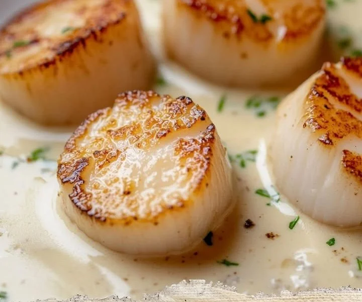 Plate of scallops in cream sauce garnished with herbs