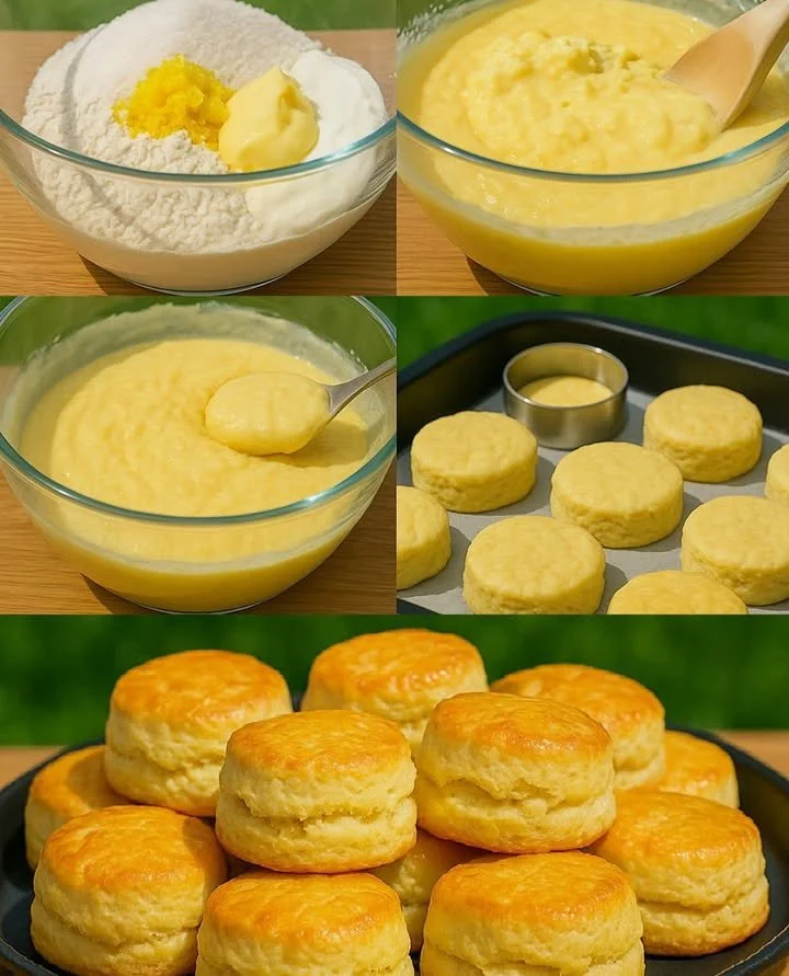 A plate of freshly baked scones with clotted cream and jam.