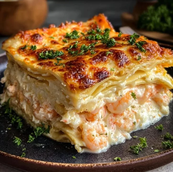 Delicious seafood lasagna featuring shrimp and crab in creamy layers